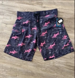 Maui & Sons 4 Way Stretch Aggro Black & Pink Sharks Swim Boardshorts Mens 32 - Picture 1 of 5