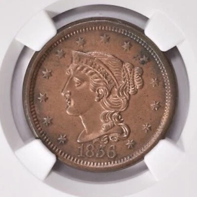 1856 Braided Hair Large Cent Slanted 5 NGC Uncirculated Details - Image 1 of 3