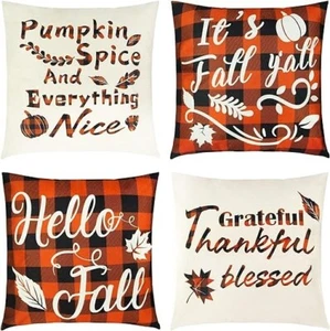 Fall Pillow Covers 18x18 Set of 4 | Pumpkin Maple Leaves Accent Cushions - Picture 1 of 4