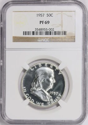 Medio dólar Franklin 1957 prueba 50C NGC PF 69 002 Foto 1 de 2