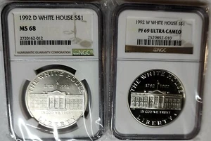 1992 WHITE HOUSE SILVER DOLLAR SET Proof & Unc NGC PF69 UC & MS68 (2 coins) - Picture 1 of 2