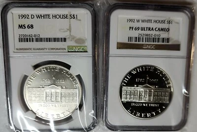 1992 WHITE HOUSE SILVER DOLLAR SET Proof & Unc NGC PF69 UC & MS68 (2 coins) - Image 1 of 2