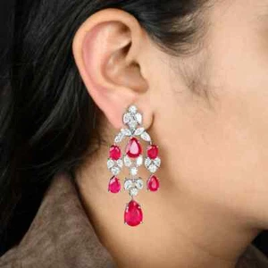 17.93TCW Simulated Pear Prong Set Ruby & Sapphire Drop Dangle Earrings For Women - Picture 1 of 5