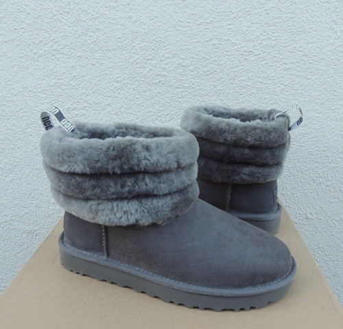 UGG CLASSIC FLUFF MINI STIVALI TRAPUNTATI PELLE SCAMOSCIATA PELLE DI PECORA DONNA US 5 EUR 36 ~ NUOVI CON SCATOLA
