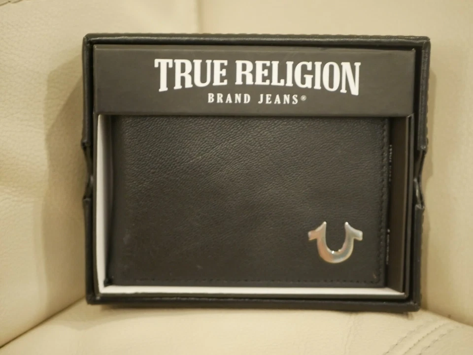 1nwt True Religion Forbes Leather Wallet Bifold Black Silvertone Horseshoe RFID