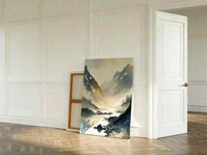 Pintura de naturaleza, impresión en lienzo beige sin marco River Mountain arte de pared australiano - Imagen 1 de 4