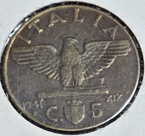 1941 Italian 5 Centesimi - Mussolini & WWII Era Coin! - Picture 1 of 2