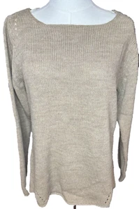 Women's Bianca B Made Italy Wool Blend Tan Knit Sweater Crochet Hi-Low Hem SZ L - Picture 1 of 10