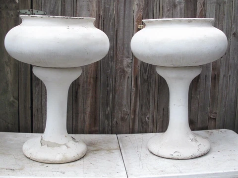 Pair Antique Bulbous Pedestal Planters Unique Shape & Design Concrete 33" tall Cover