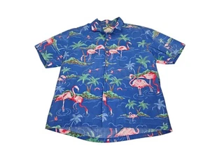 VTG Paradise Found Flamingos Hawaiian Shirt Blue Mens Medium Tropical Palm Trees - Picture 1 of 8