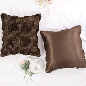 Decorative 3D Satin Floral Flower Throw Pillow Cover 2pcs, Coffee Color - Picture 1 of 12