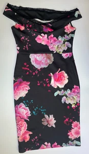 Abito midi Quiz spalle scoperte taglia 14 floreale rosa bianco nero pizzo aderente Bardot - Foto 1 di 12