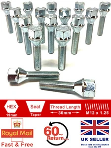 16 x M12 x 1.25 36mm extended thread 19mm Hex alloy wheel bolts for Peugeot - Picture 1 of 6