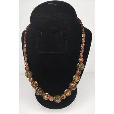 VINTAGE Boho NECKLACE Carved Rose Amber Lucite Beads Costume Jewelry - Image 1 of 4