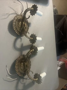 PAIR VINTAGE FRENCH STYLE BRASS 2-BRANCH SCONCES ELECTRIFIED Beautiful - Picture 1 of 6