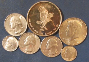 LOT 6 US SILVER COINS  & 1 OZ 999 SILVER MONEX EAGLE ROUND 1964 HALF $ 3 QUARTER - Picture 1 of 3