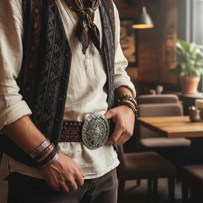 Nuovo Uomo Donna Cintura Fibbia Argento Colore Metallo Western Azteco Calendario - Immagine 1 di 4