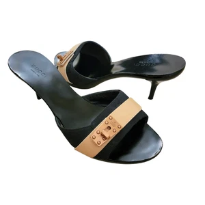 Gucci Vintage Black Turnlock Mules Kitten Heels GG Logo Leather 7 37 Slides - Picture 1 of 15