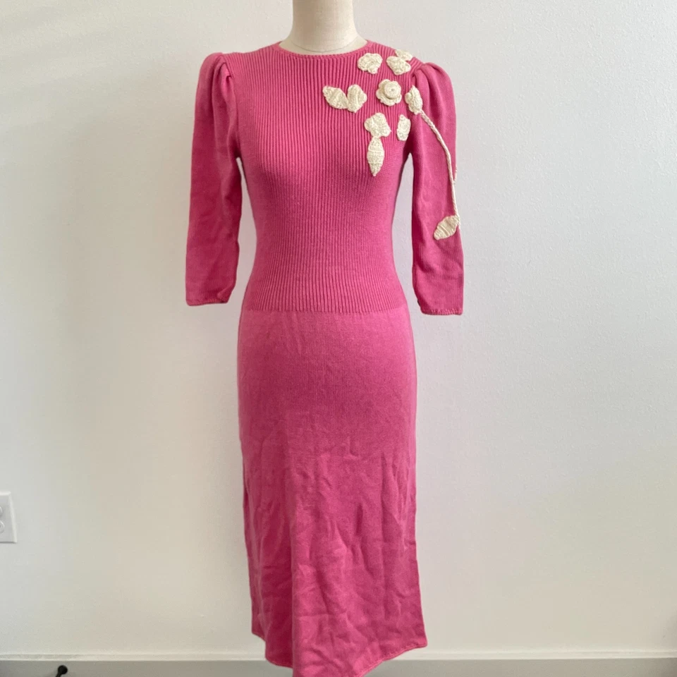 Vestido Vintage Lillie Rubin Mujer 6 Rosa Tejido Suéter Midi Floral Crochet Puff 80 Foto 1 de 4