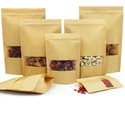 Bolsa de papel Kraft con cremallera resellable bolsa de alimentos sellada con ventana transparente 100 piezas Foto 1 de 4