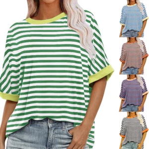 Womens Stripe Oversized Boyfriend T Shirt Dress Casual Tee Baggy Loose Long Tops - Picture 1 of 24