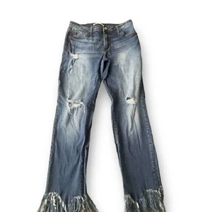 Kancan Med/Dark Wash Distressed Frayed Step Hem Straight Leg Jeans Women's 29 - Picture 1 of 7