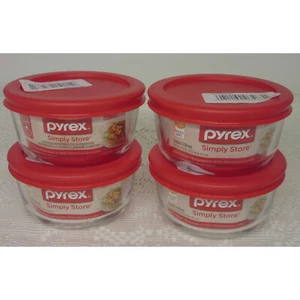 4 Pyrex Simply Store 1 Cup Glass Food Storage Bowls with Red Lids 7202 - Picture 1 of 1