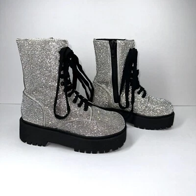 Botas de Combate POSTER GRL Plateadas Bling Para Mujer Talla 5 M Plataforma Estrás Niña Foto 1 de 4