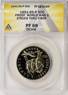1991-1995 P 50c WWII Commemorative Half Dollar ANACS PF68DCAM Struck Thru Fiber - Image 1 of 4