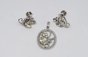 Vintage JF Felice Sterling Silver Rhinestone Flowers Pendant Screwback Earrings - Picture 1 of 6