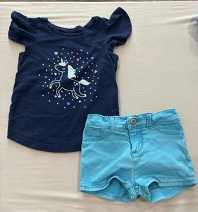 Two piece Jumping Bears Navy UnicornTop and Turquoise Jordarche Shorts 24 mo - Picture 1 of 4