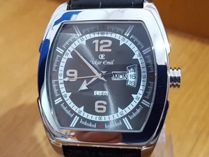 Mens XL Classic Oskar Emil Lido Black Leather Tonneau Gents Day Date Dress Watch - Picture 1 of 10