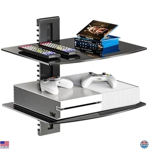 Floating TV Shelf, 2 Tier Tempered Glass, Holds 17.6lbs, Black Entertainment - Picture 1 of 6
