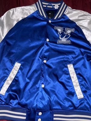 Chaqueta H&M YALE Varisty Para Hombre Mediana Azul Blanco Bordada Satén Bombardero Foto 1 de 4