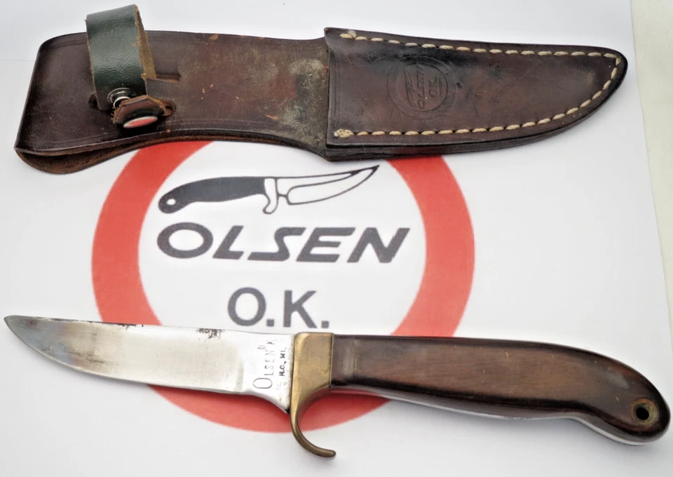 Cuchillo de caza de hoja fija vintage OLSEN KNIFE CO HC MI asas de madera y funda Foto 1 de 4