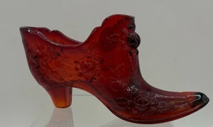 Vintage Fenton Glass Co. Ruby Red Cabbage Rose Slipper Shoe Art Glass 6” x 2.75" - Picture 1 of 6