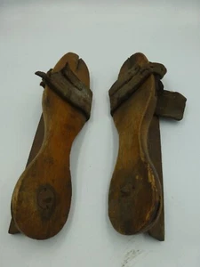 Antique Wood Ice Skates, Cast Iron Blades, Leather Straps, Instep Stamp '60' - Picture 1 of 23