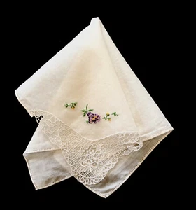 Vintage Elfenbein Taschentuch Petit Point Blumenstickerei Alencon Spitze Hohlsaum - Bild 1 von 5