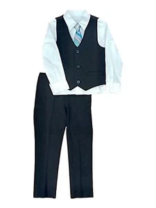 Boys 4 Piece Set Tie White Button Down Shirt Black Vest & Pants Outfit Set - Picture 1 of 1