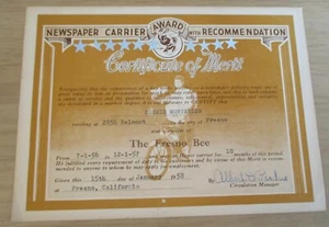 De colección 1958 'Certificado de Mérito' ~ Transportista de Periódicos ~ "La Abeja Fresca" ~ Arte Disney ~ - Imagen 1 de 6