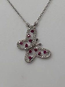 10K White Gold Natural Ruby and 0.20ct Diamond Butterfly Pendant and Chain NEW - Picture 1 of 14