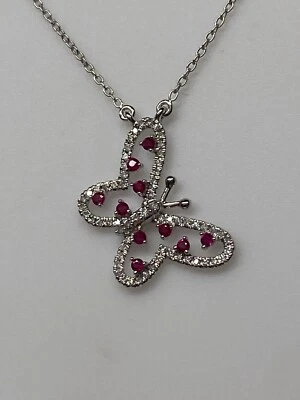 10K White Gold Natural Ruby and 0.20ct Diamond Butterfly Pendant and Chain NEW - Image 1 of 4