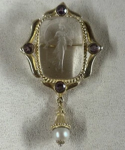 Tagliamonte Italy Sterling Silver Vermeil Intaglio/ Amethyst/ Pearl Brooch Penda - Picture 1 of 6