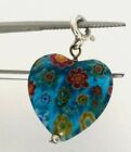 Millefiori Adorable Floral Art Blue Heart Charm 925 Sterling Silver 