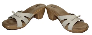 White Mountain Beige Ivory Leather Sandals Block Heel Cut Out Sides Bow 8M - Picture 1 of 12