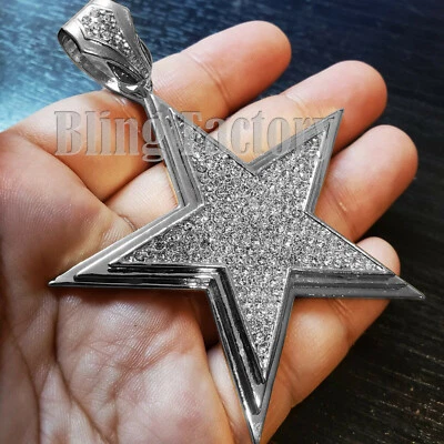 HIP HOP ICED RAPPER CUBIC ZIRCONIA SILVER PLATED ALLOY LARGE STAR CHARM PENDANT - Image 1 of 2
