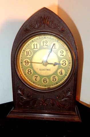 Antique 1930's Gothic Cathedral "Spin Start" Bakelite Clock- ELECTRIC Clock Corp Cover