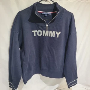 Suéter Tommy Hilfiger Para Mujer Cuello Simulado 1/4 Cremallera Grande Bling Logo - Imagen 1 de 8