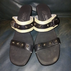 Onex Sandals Women11 Black Leather/Beige WedgeHeel SilverBuckleStuds Y2K SlipOn  - Picture 1 of 13