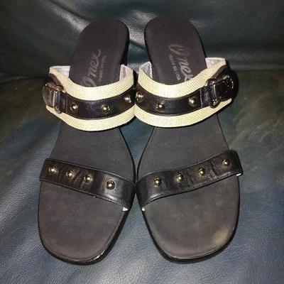 Sandalias Onex para mujer 11 cuero negro/beige tacón de cuña plateado con hebilla Studs Y2K sin cordones  Foto 1 de 4